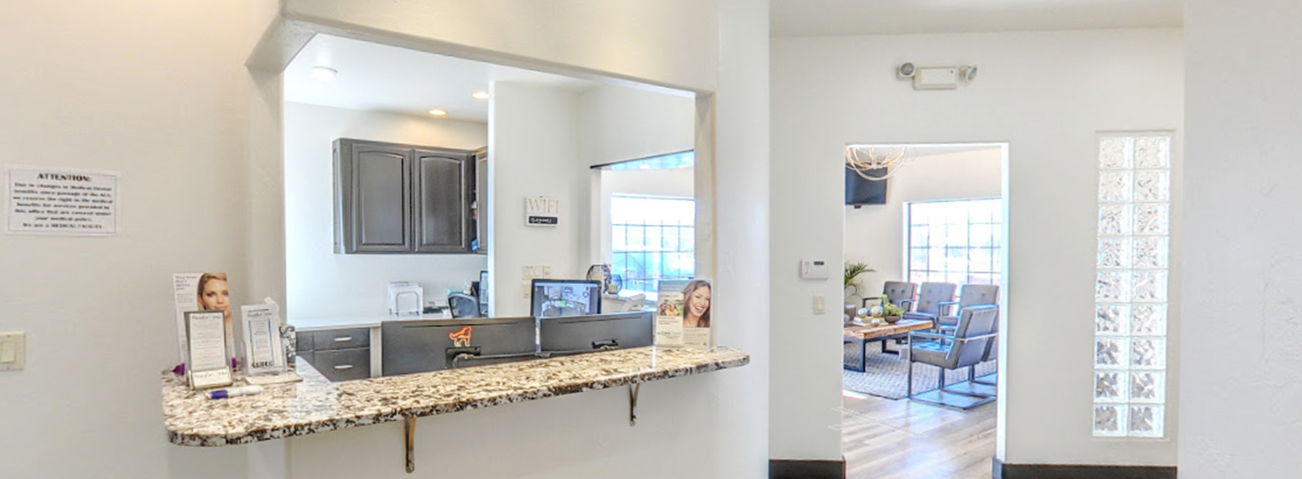 The image shows a collage of three photographs featuring an interior space with a kitchenette area, a dining table, and a living room with a couch and a television.
