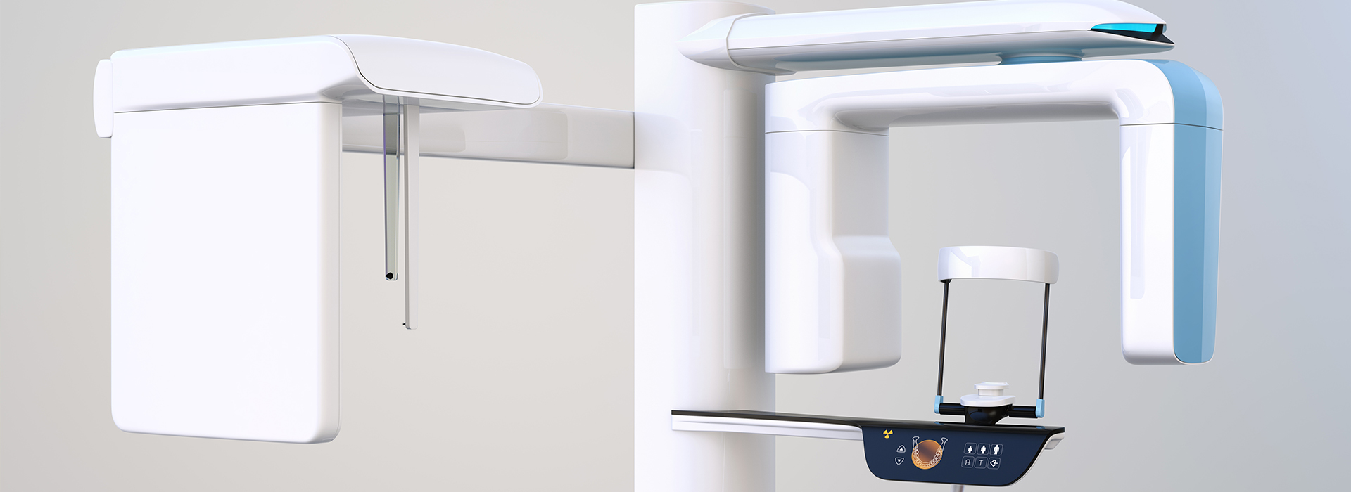 The image shows a collage of two photographs side by side  on the left, a close-up of a modern, white dental chair with a blue light at its base  on the right, a piece of medical equipment that appears to be an MRI machine with a patient s headrest and a control panel.