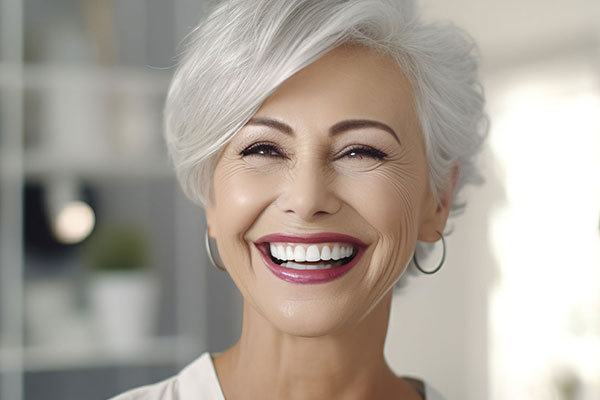 The image shows a woman with grey hair smiling at the camera, wearing a white top, set against a blurred background that appears to be an indoor setting.